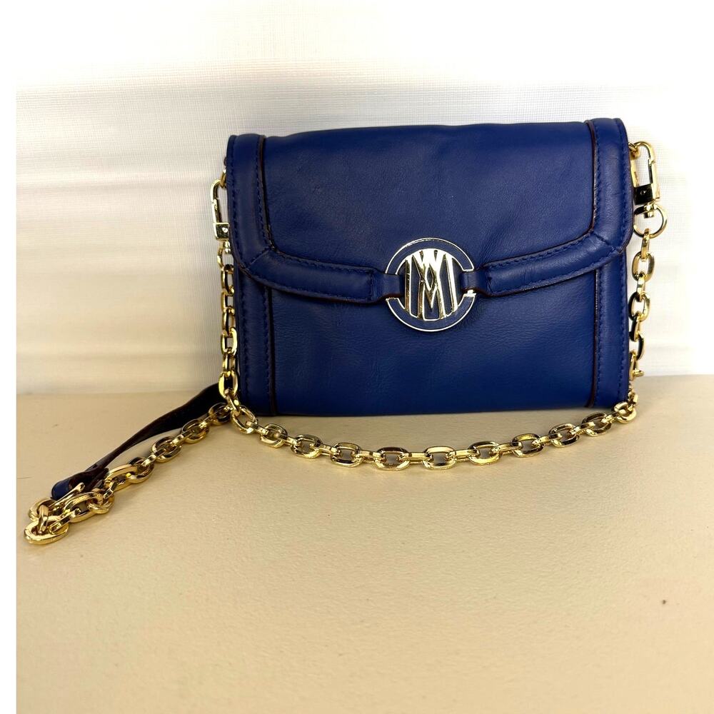 Antonio Melani Leather Crossbody Purse Royal Blue Clutch‎ Gold Chain Shoulder